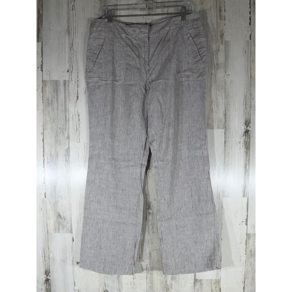 Chicos Pants Size 1.5 (35x29) High Rise Gray Stripe Linen Wide Leg Patch Pockets